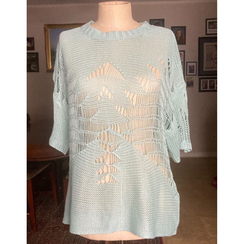 HYFVE Open Knit Crochet V-Neck Sweater Womens M Mint Green Crop Sheer Boho Beach